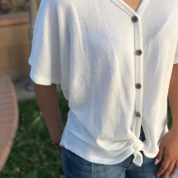 Fabutiq Tops - Tie bottom, button up waffle knit top